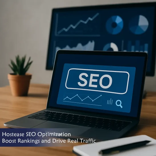 Laptop on a modern desk displaying SEO analytics, with plant and stationery nearby in a professional marketing setup
