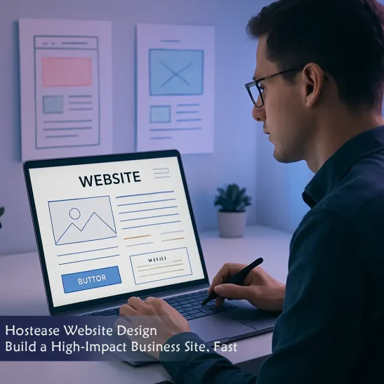 Designer working on a website layout at a modern desk with visual editor on screen