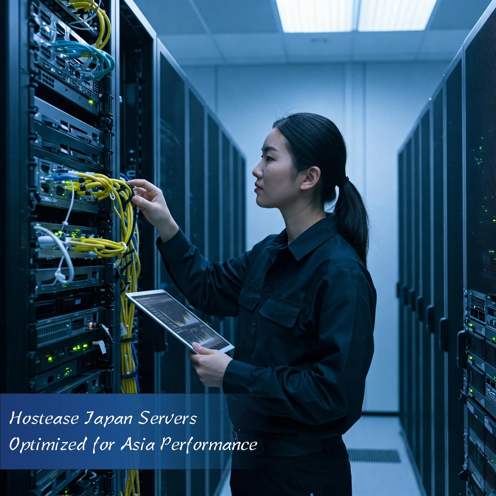 Asian engineer managing Japan server room in modern data center